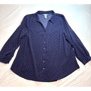Catherines Women's Plus Size 1X Retro Geometric Button Down Long Sleeves Blouse